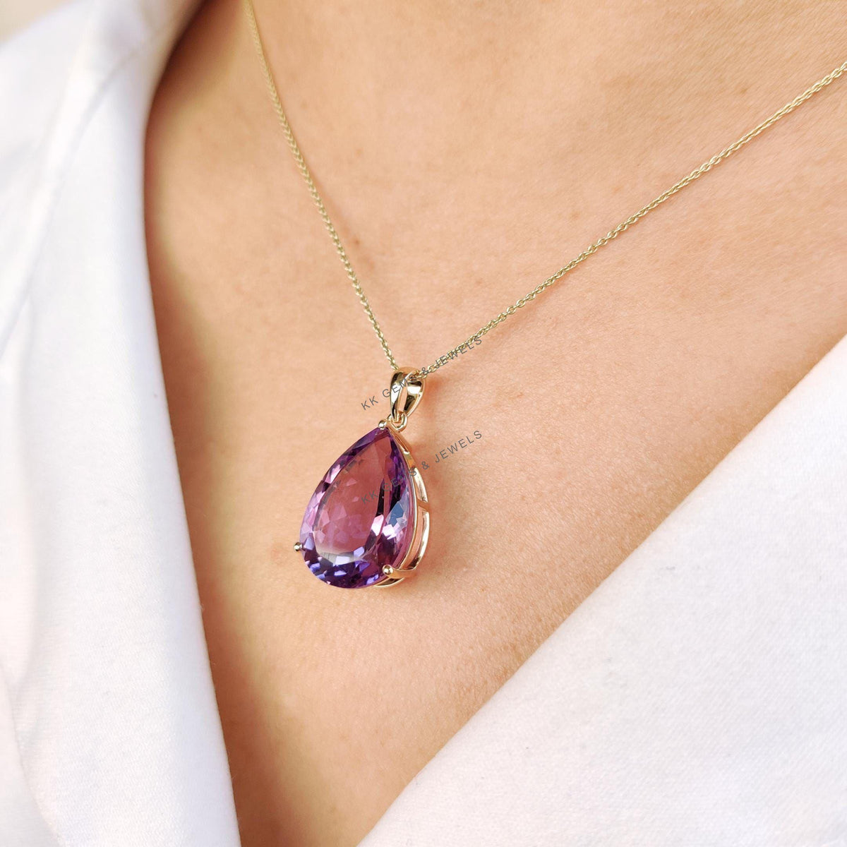 14K Solid Gold Pear Natural Purple Amethyst Pendant, February Birthstone Jewelry