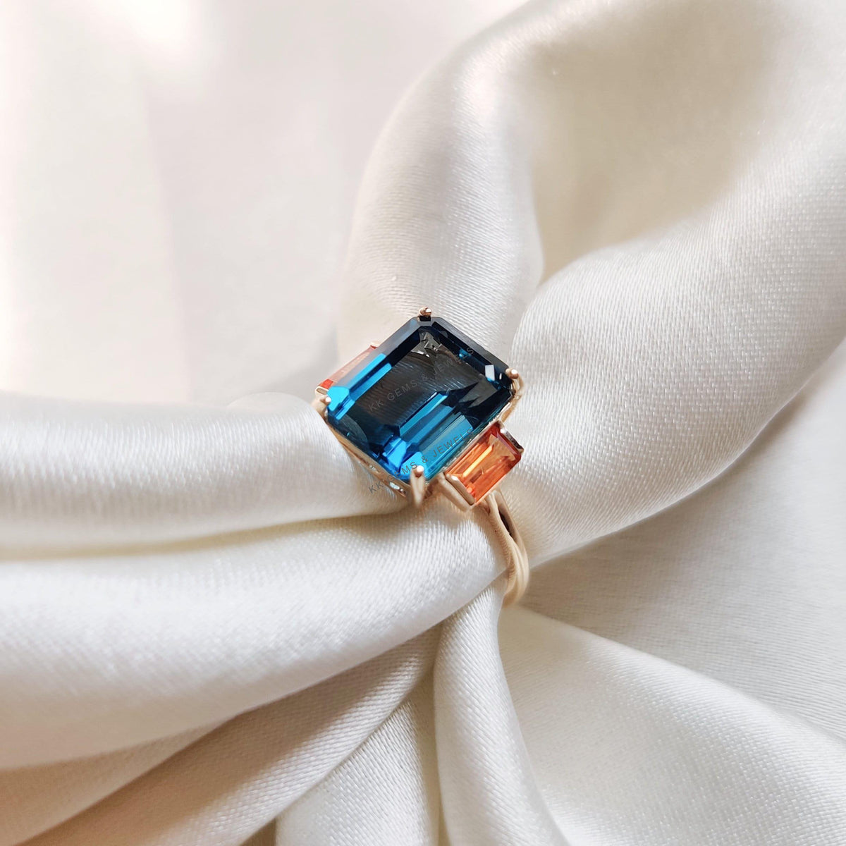 Natural London Blue Topaz & Orange Sapphire Ring, 14K Solid Yellow Gold Ring