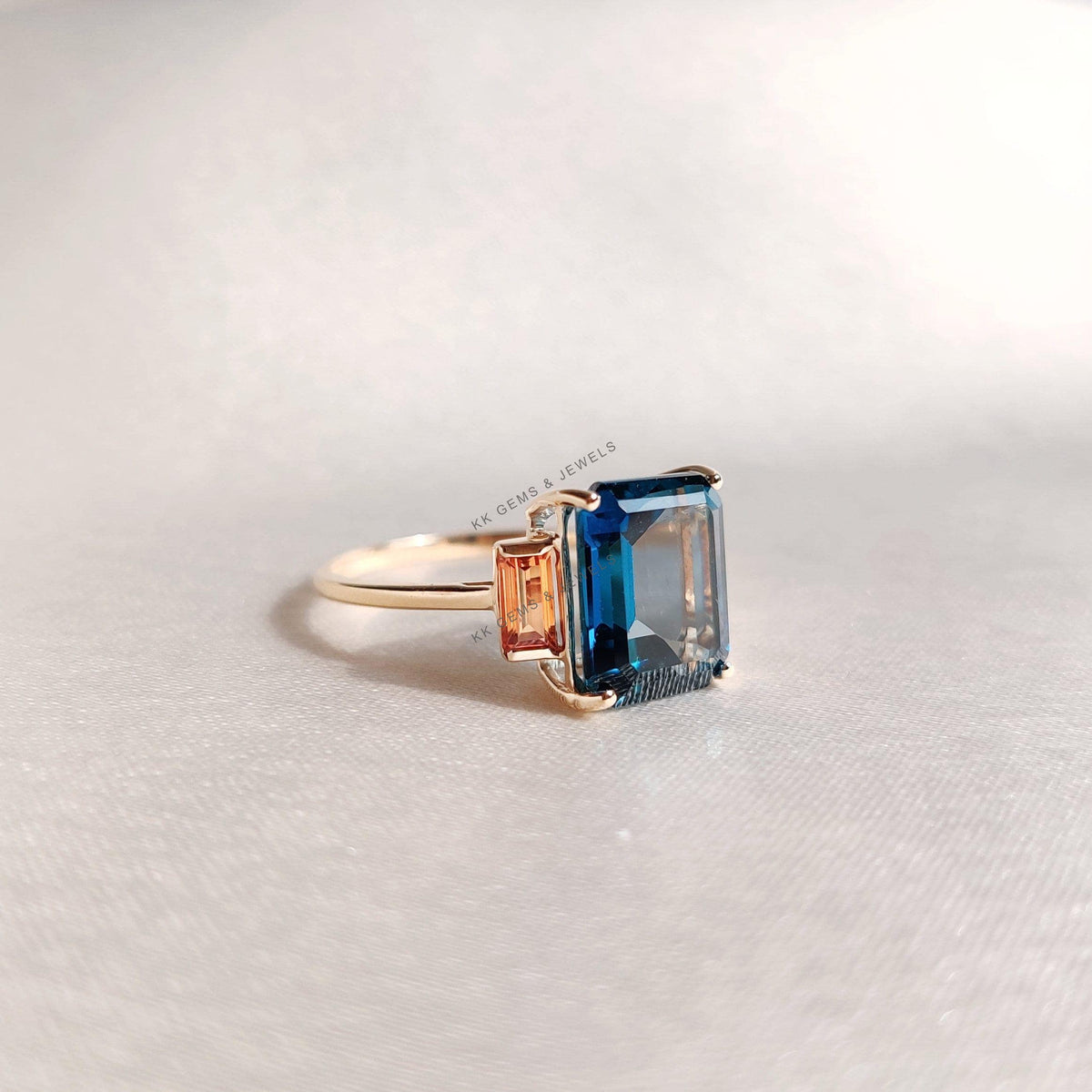 Natural London Blue Topaz & Orange Sapphire Ring, 14K Solid Yellow Gold Ring
