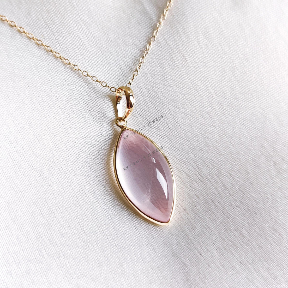 14K Solid Yellow Gold Natural Rose Quartz Marquise Pendant, January Birthstone