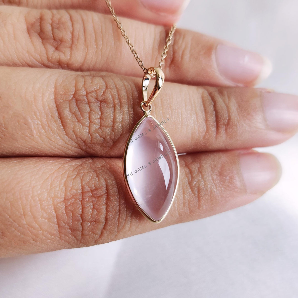 14K Solid Yellow Gold Natural Rose Quartz Marquise Pendant, January Birthstone
