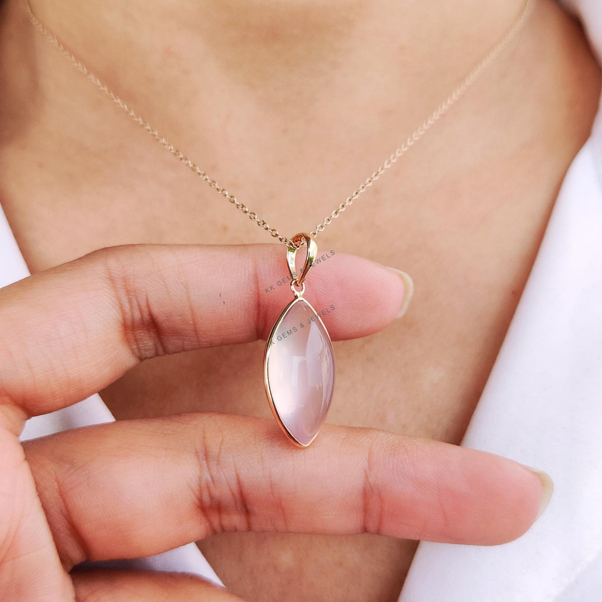 14K Solid Yellow Gold Natural Rose Quartz Marquise Pendant, January Birthstone