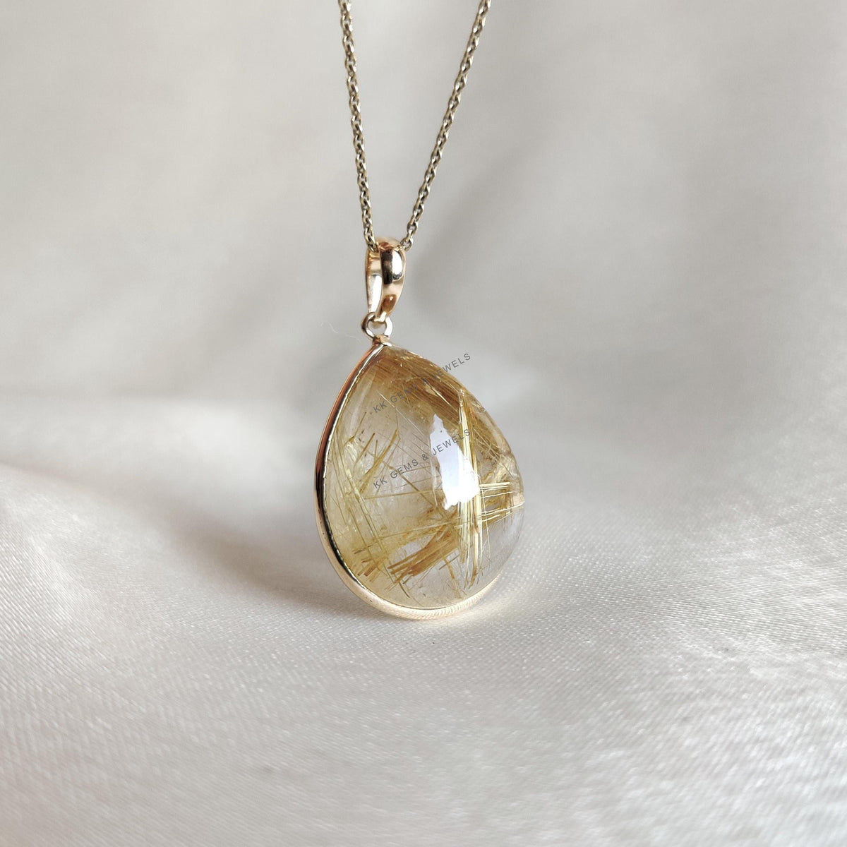 14K Solid Yellow Gold Natural Golden Rutile Pear Pendant, April Birthstone