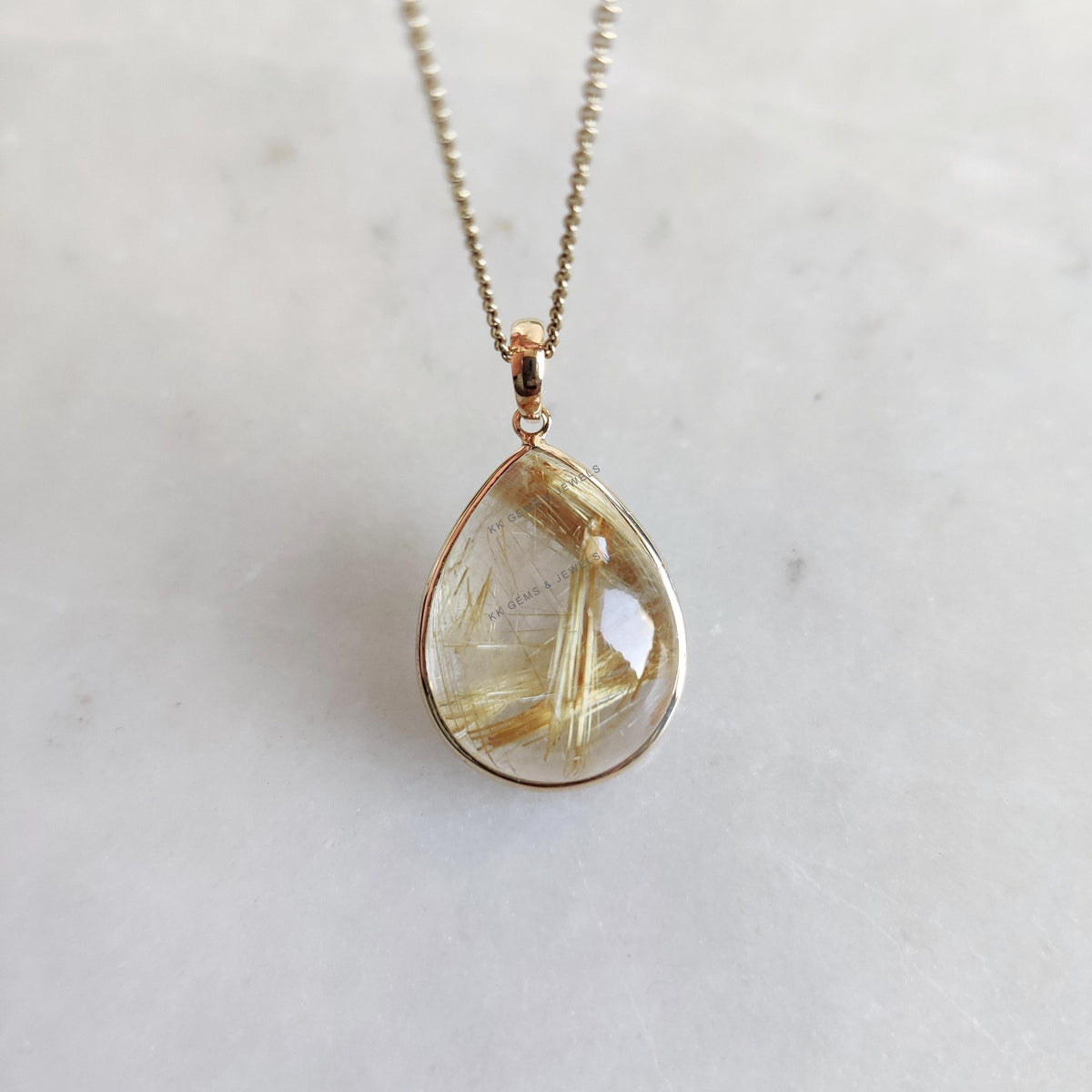 14K Solid Yellow Gold Natural Golden Rutile Pear Pendant, April Birthstone