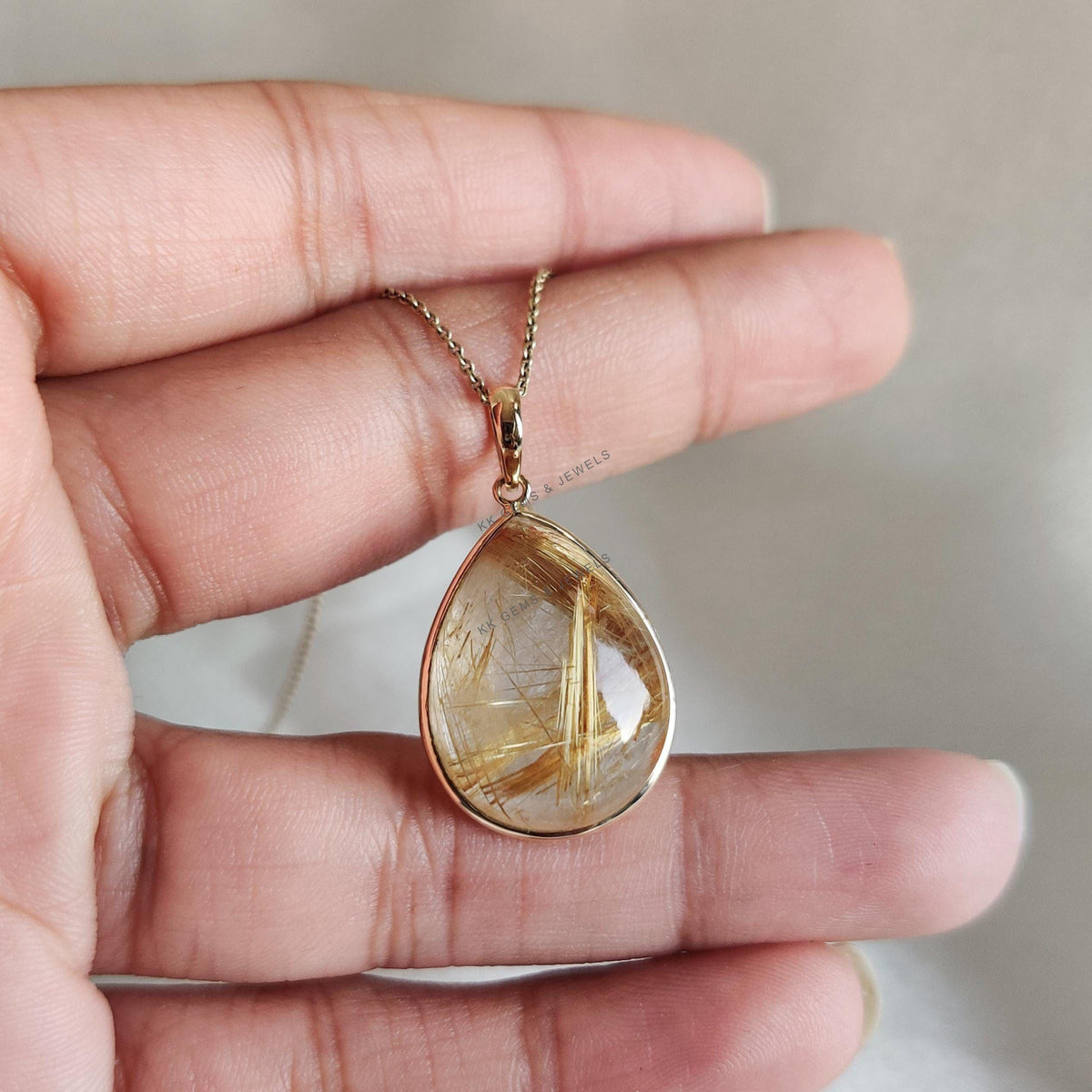 14K Solid Yellow Gold Natural Golden Rutile Pear Pendant, April Birthstone