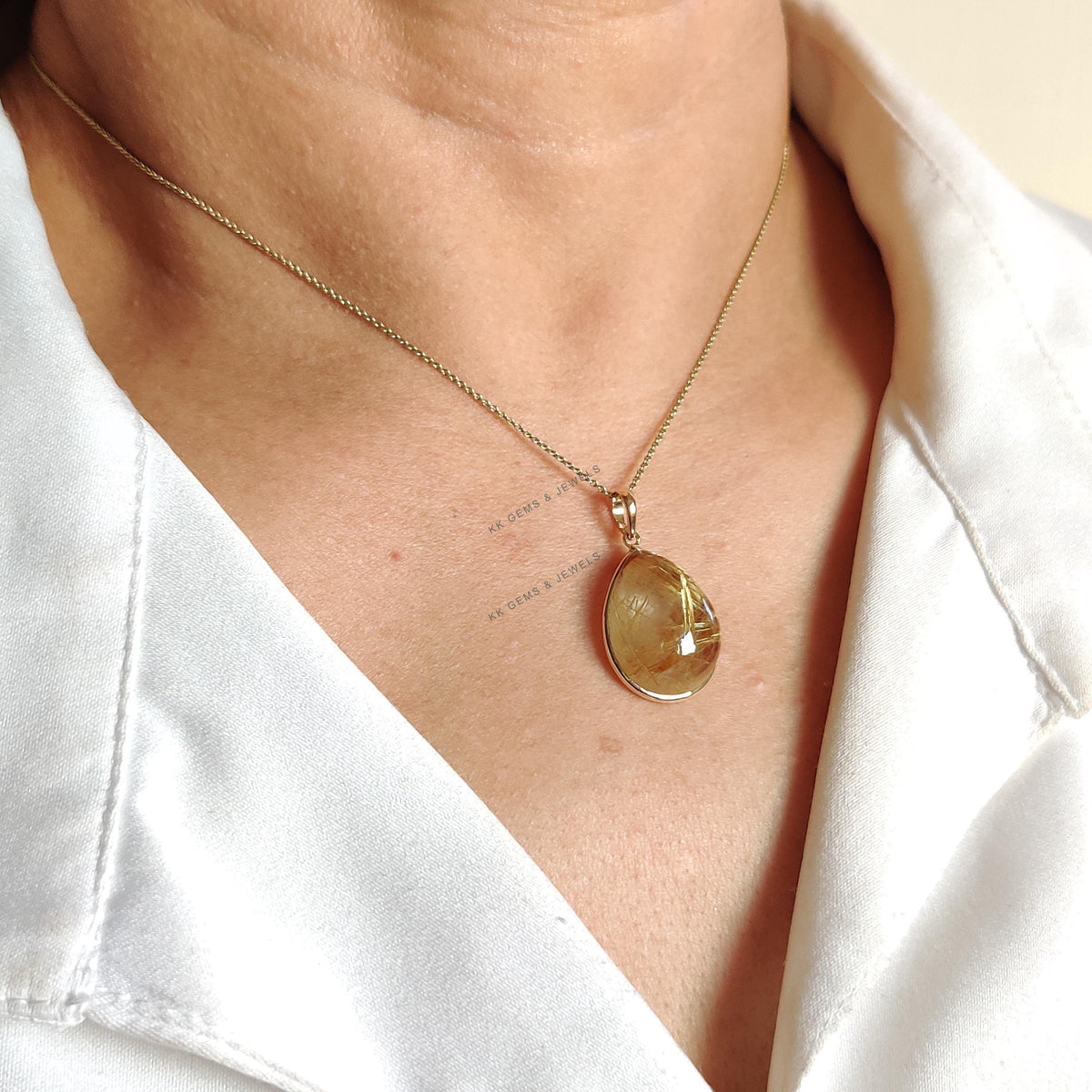 14K Solid Yellow Gold Natural Golden Rutile Pear Pendant, April Birthstone