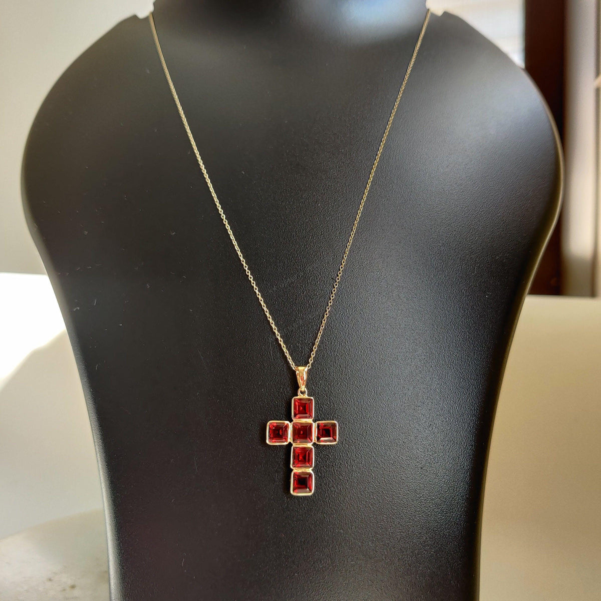 14K Solid Yellow Gold Natural Garnet Cross Pendant, January Birthstone Bezel Set