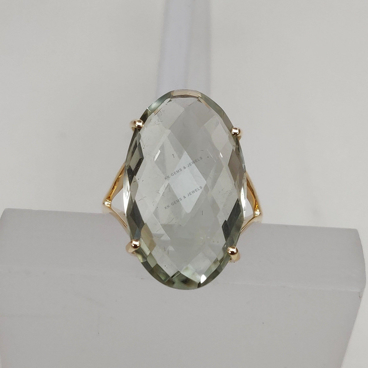 Natural Green Amethyst Ring, 14K Solid Yellow Gold Prong Oval Ring