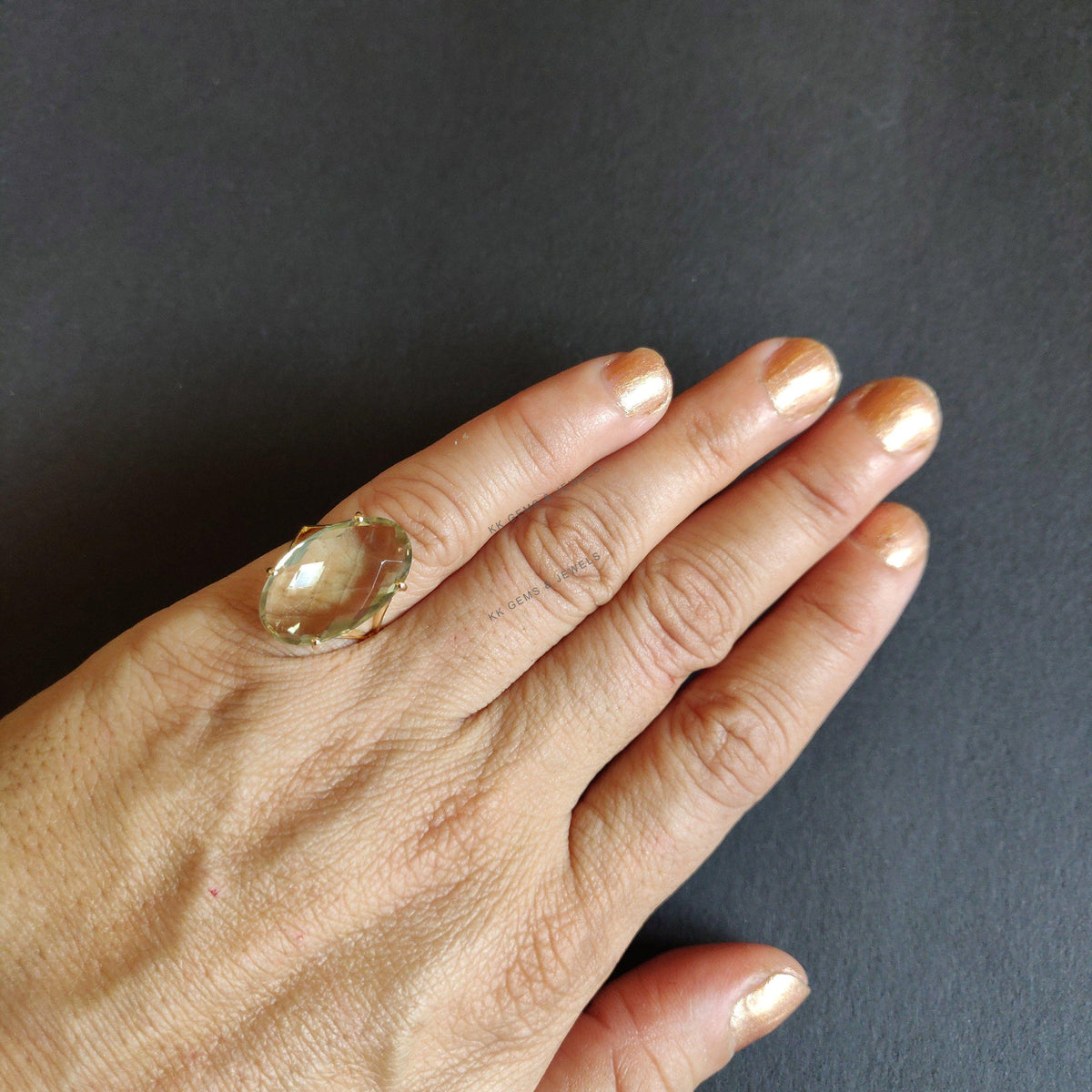 Natural Green Amethyst Ring, 14K Solid Yellow Gold Prong Oval Ring