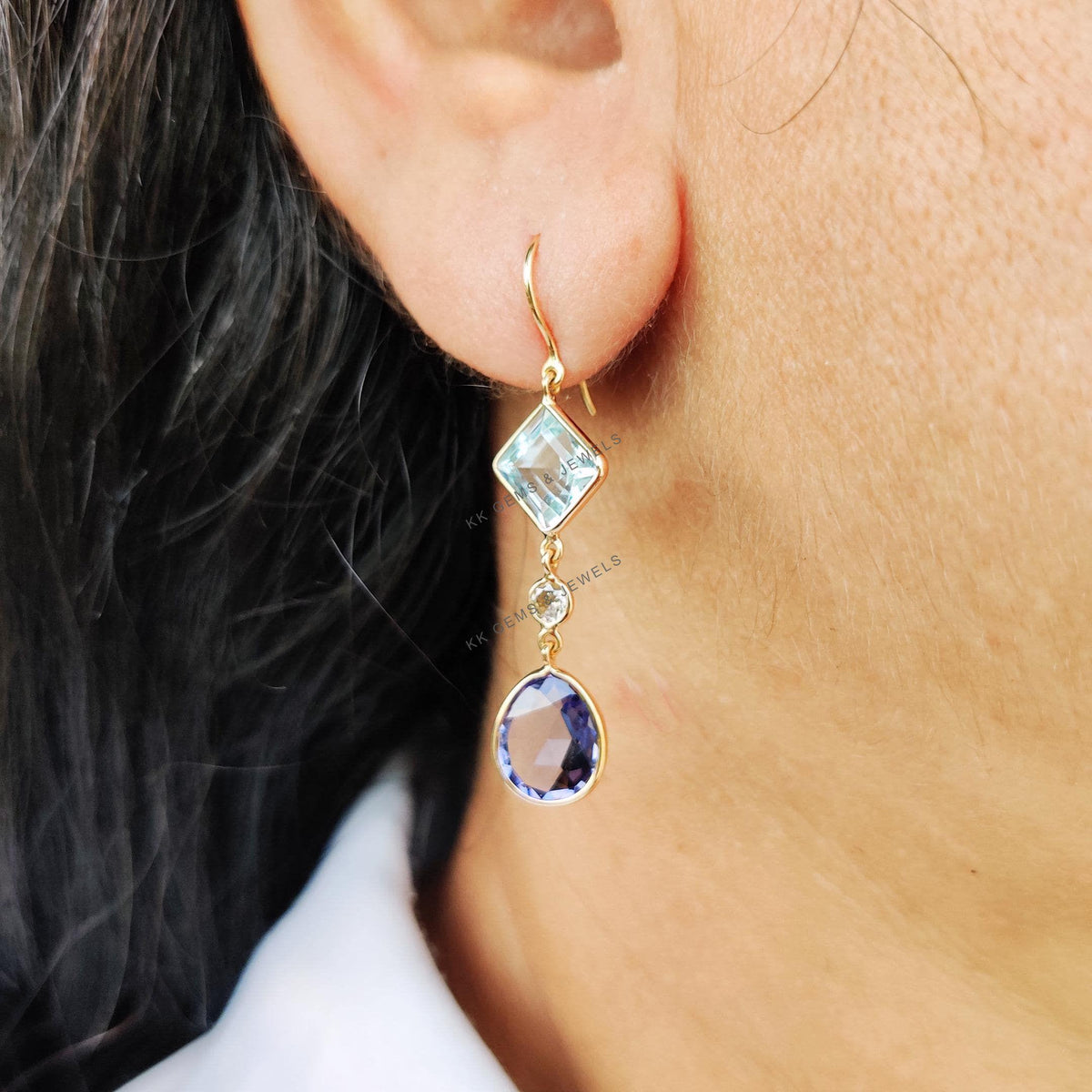 Natural Aquamarine & Diamond and Tanzanite 14K Solid Yellow Gold Dangle Earrings