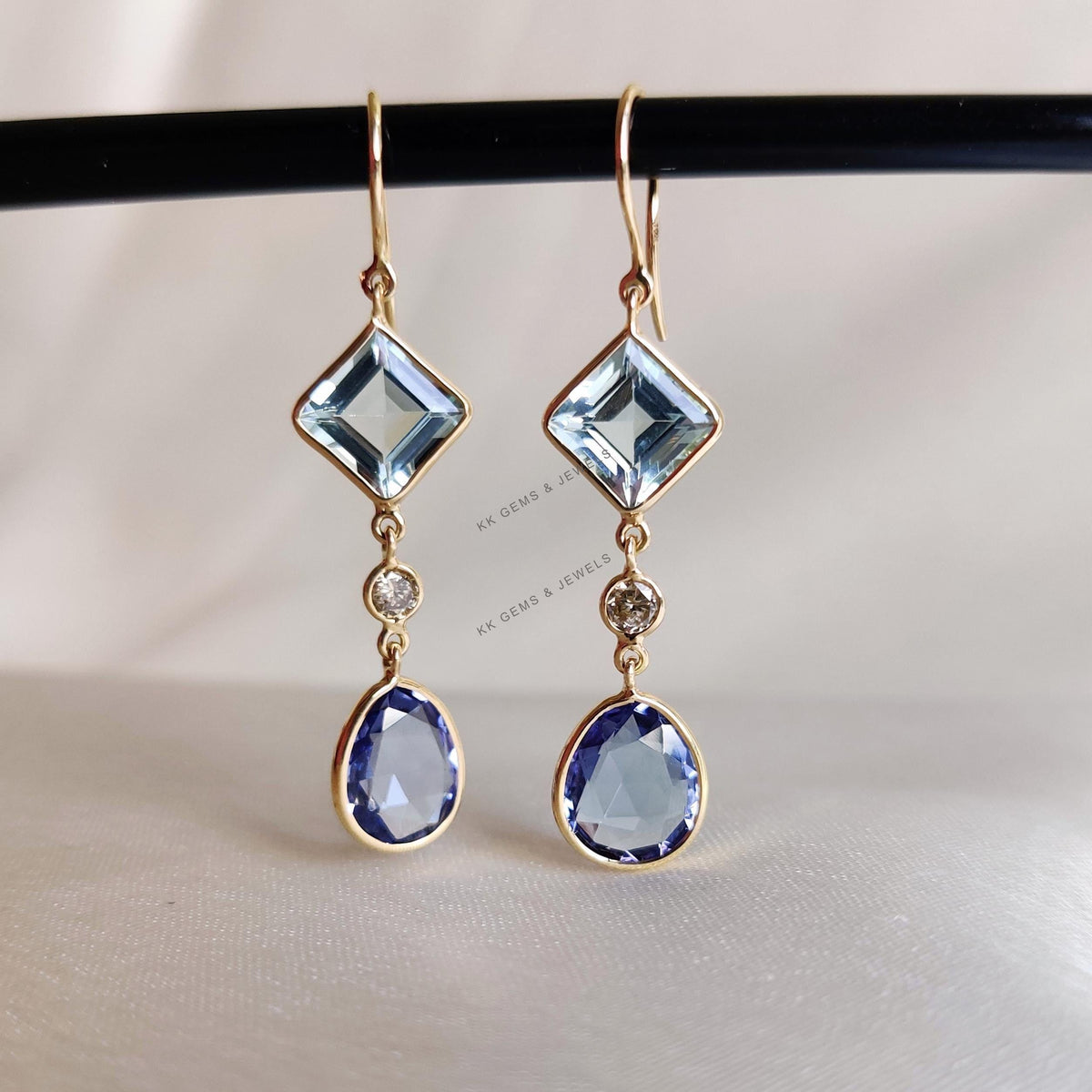 Natural Aquamarine & Diamond and Tanzanite 14K Solid Yellow Gold Dangle Earrings