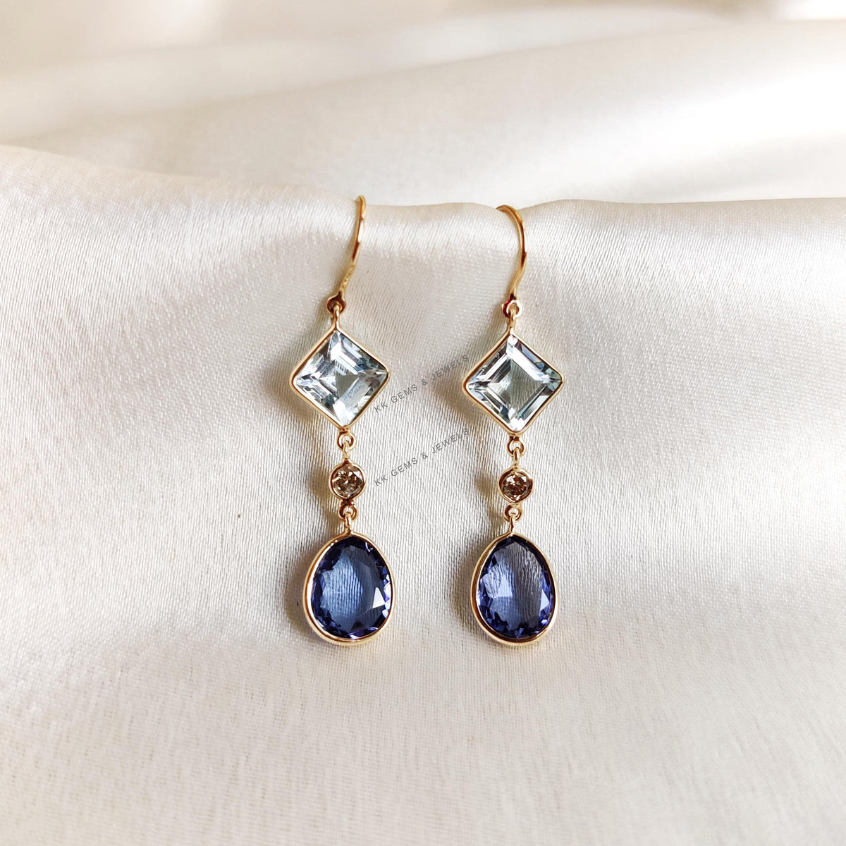Natural Aquamarine & Diamond and Tanzanite 14K Solid Yellow Gold Dangle Earrings