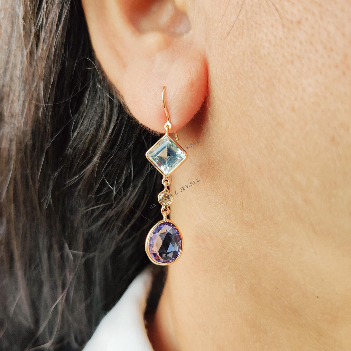 Natural Aquamarine & Diamond and Tanzanite 14K Solid Yellow Gold Dangle Earrings