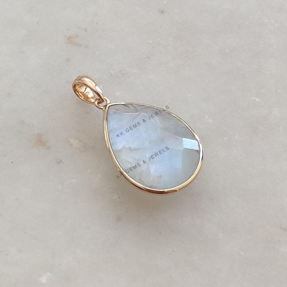 Natural Rainbow Moonstone Pendant: 14K Solid Yellow Gold Bezel, June Birthstone