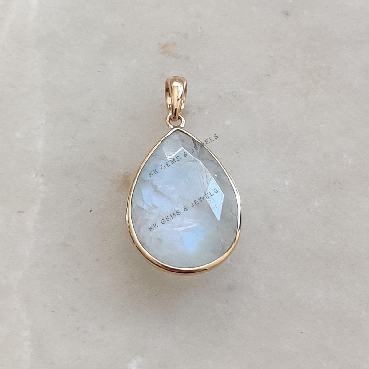 Natural Rainbow Moonstone Pendant: 14K Solid Yellow Gold Bezel, June Birthstone