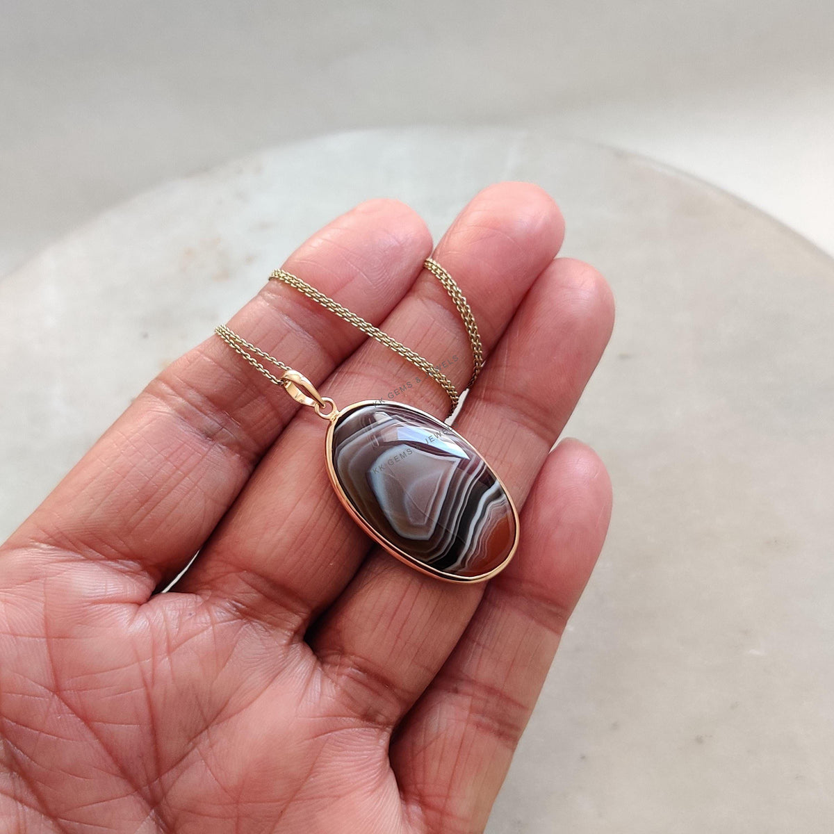 14K Solid Yellow Gold Natural Agate Pendant, Oval Cabochon, November Birthstone