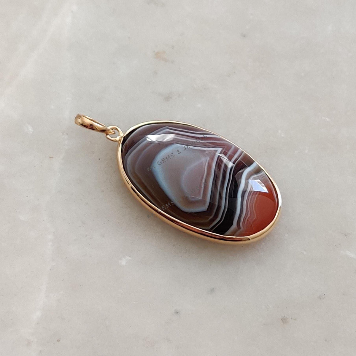 14K Solid Yellow Gold Natural Agate Pendant, Oval Cabochon, November Birthstone