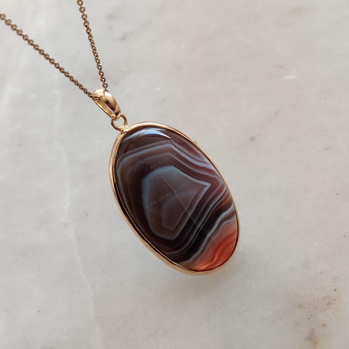 14K Solid Yellow Gold Natural Agate Pendant, Oval Cabochon, November Birthstone
