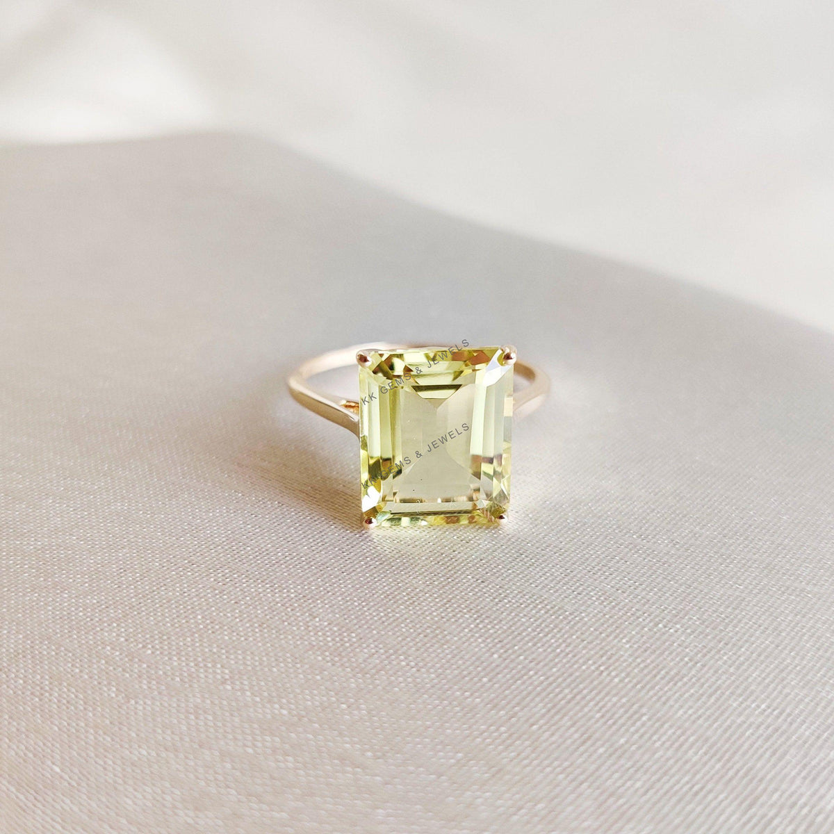 Emerald Cut Natural Lemon Topaz Ring, 14K Solid Yellow Gold, November Birthstone