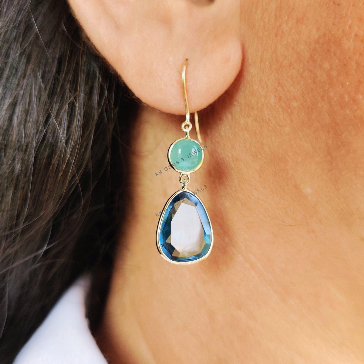 Natural Sky Blue Topaz & Chrysoprase Earrings, 14K Solid Yellow Gold, December Birthstone