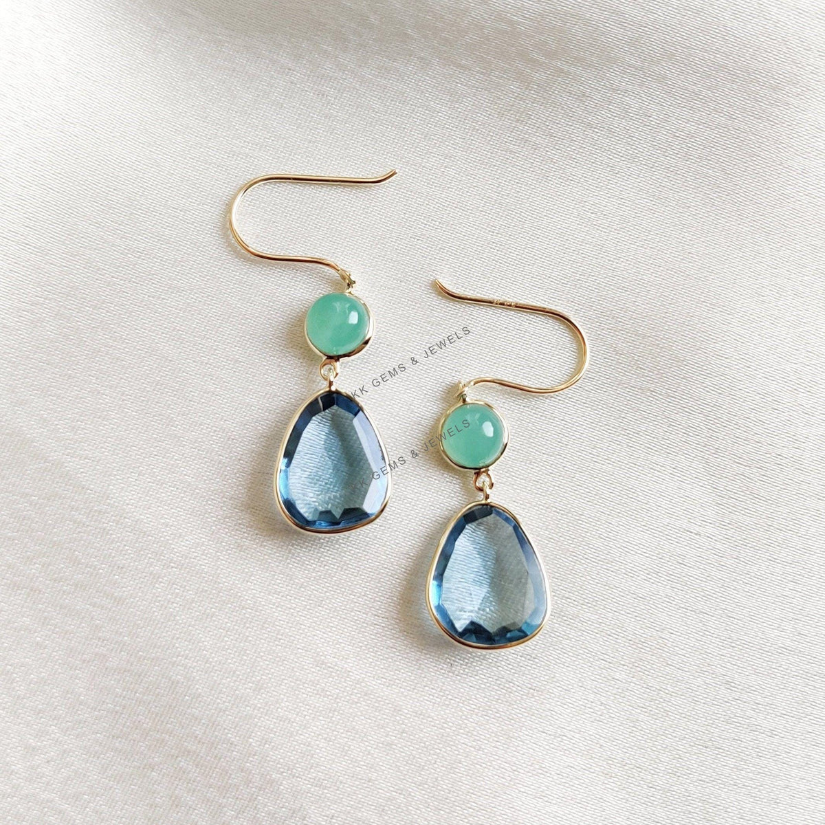 Natural Sky Blue Topaz & Chrysoprase Earrings, 14K Solid Yellow Gold, December Birthstone