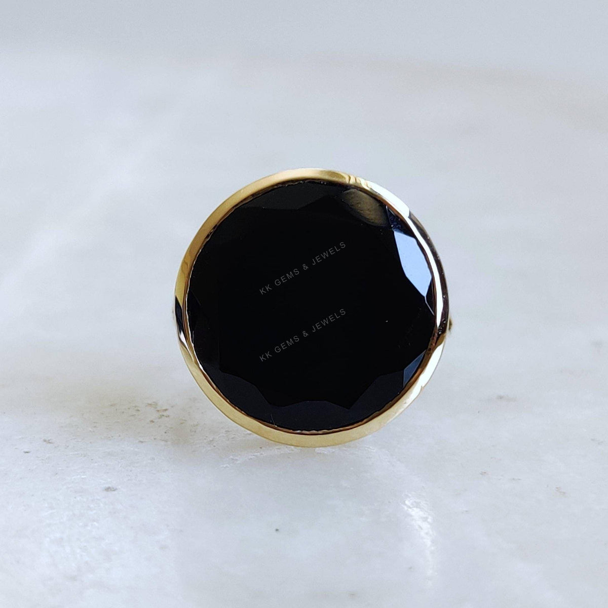 14k Solid Yellow Gold Natural Black Onyx Ring, December Birthstone
