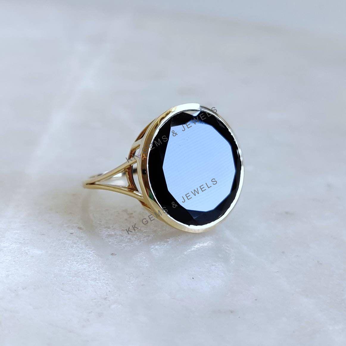 14k Solid Yellow Gold Natural Black Onyx Ring, December Birthstone