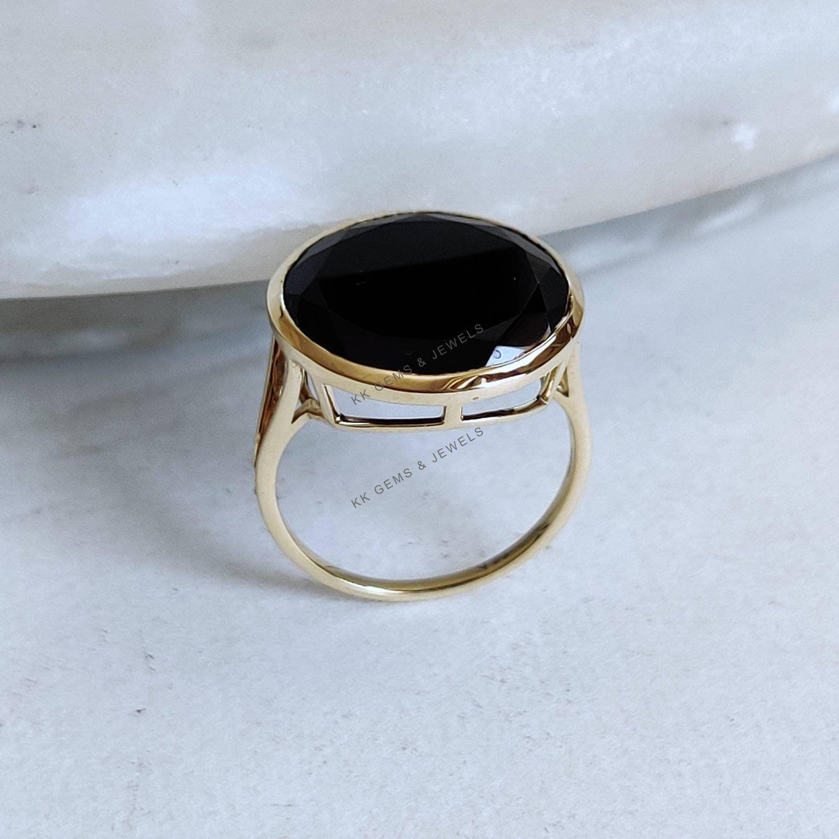 14k Solid Yellow Gold Natural Black Onyx Ring, December Birthstone