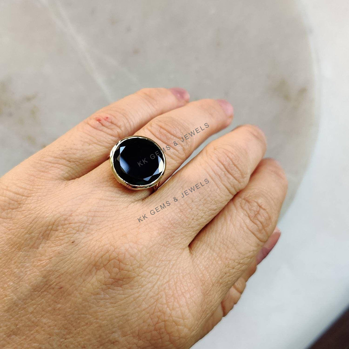 14k Solid Yellow Gold Natural Black Onyx Ring, December Birthstone