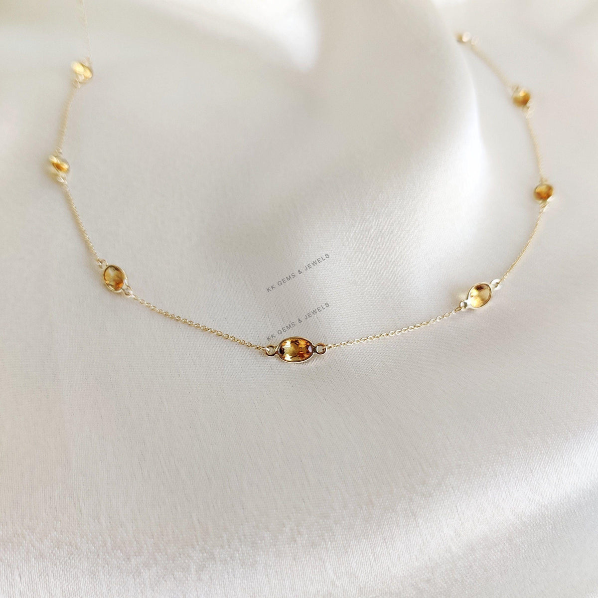 14K Solid Yellow Gold Natural Citrine Bezel Necklace, November Birthstone