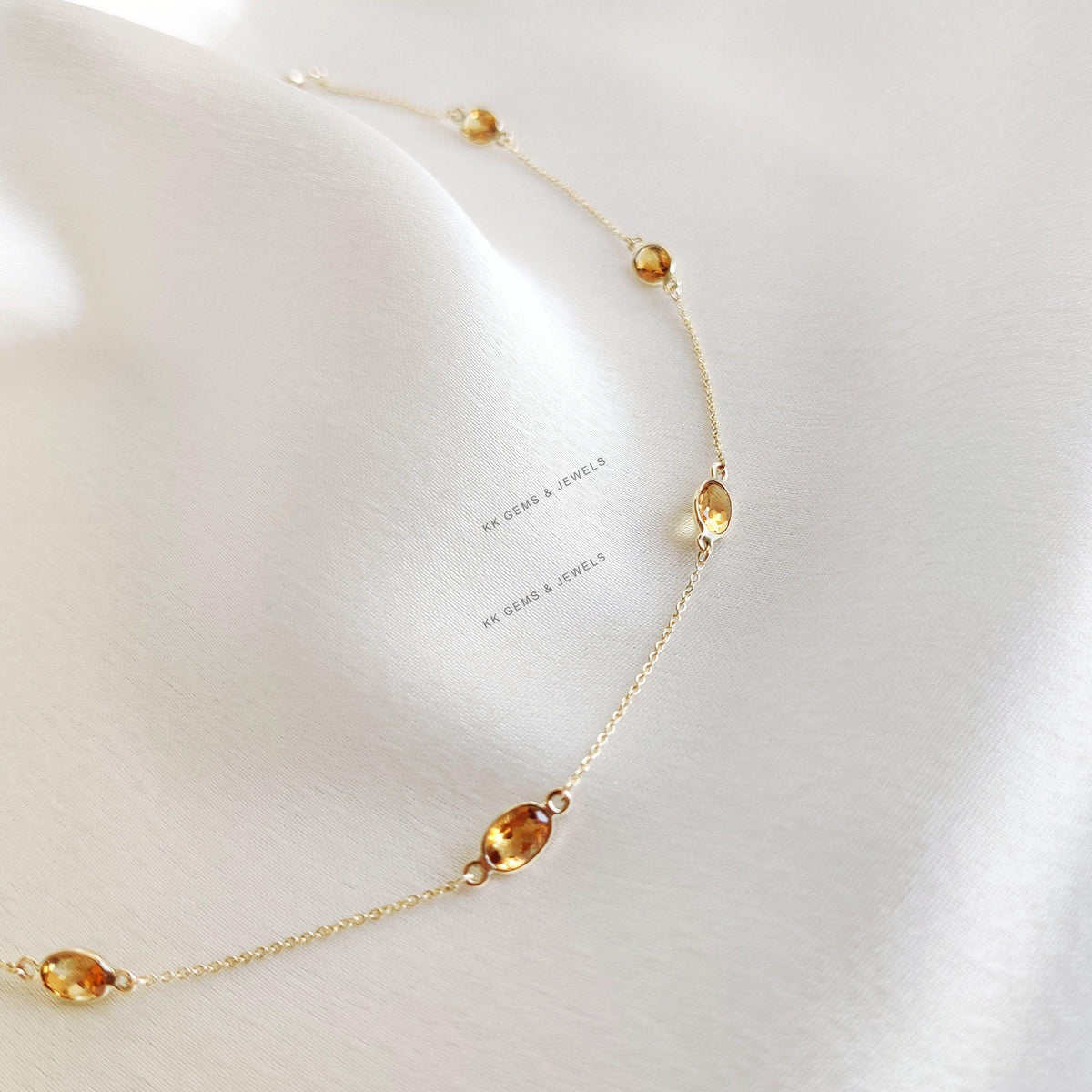 14K Solid Yellow Gold Natural Citrine Bezel Necklace, November Birthstone