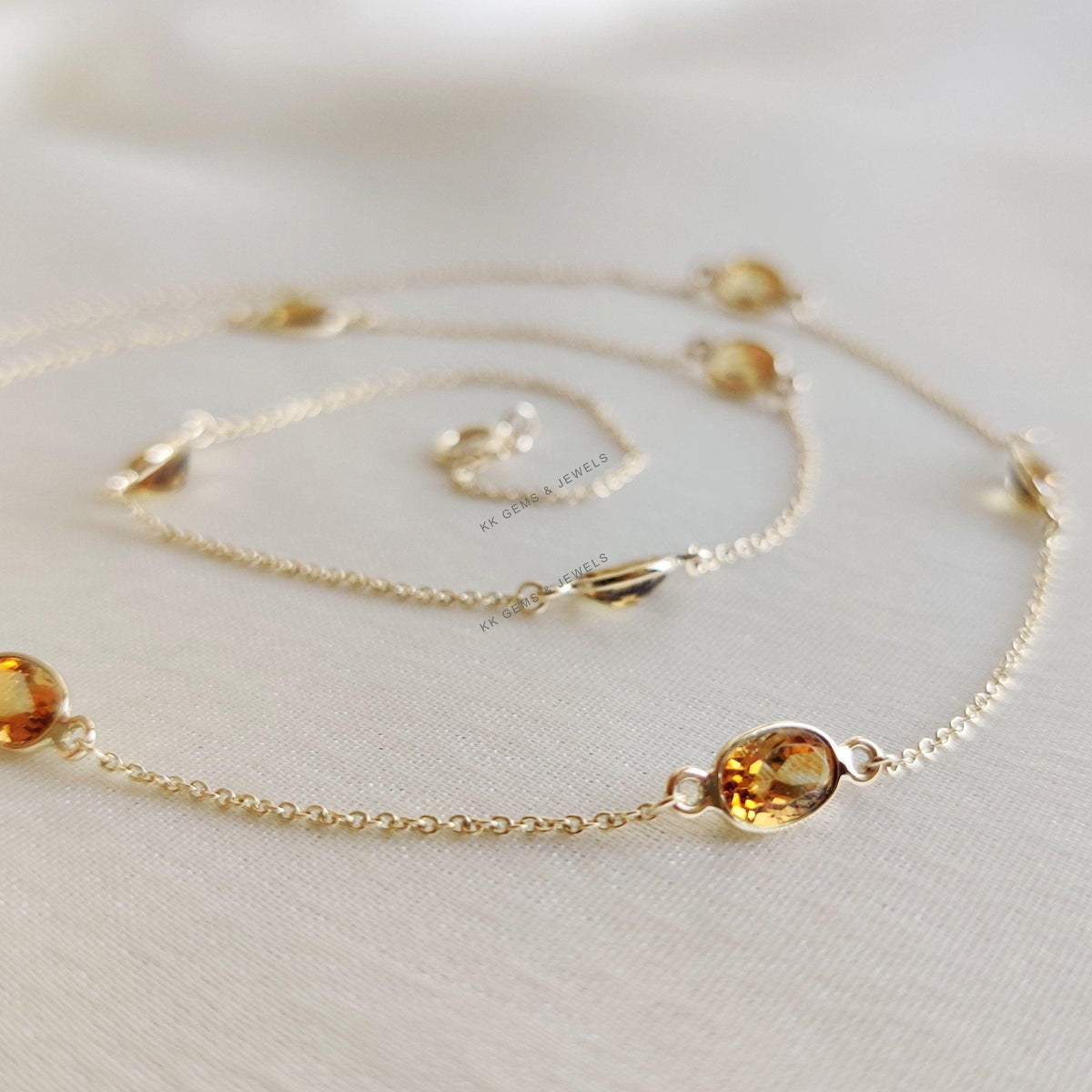 14K Solid Yellow Gold Natural Citrine Bezel Necklace, November Birthstone