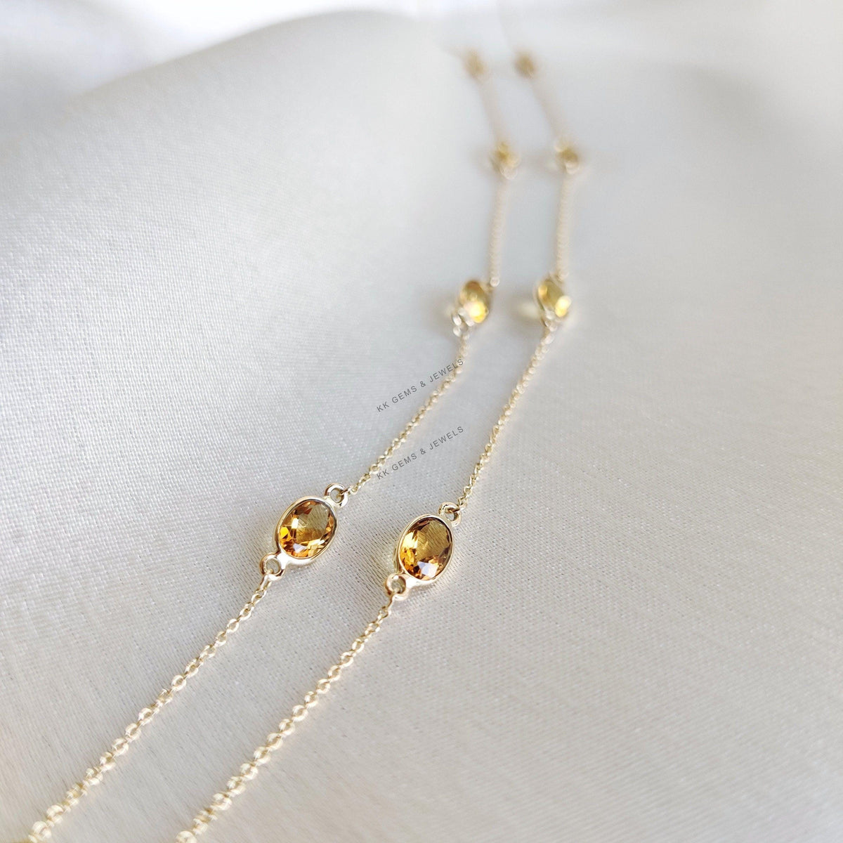 14K Solid Yellow Gold Natural Citrine Bezel Necklace, November Birthstone