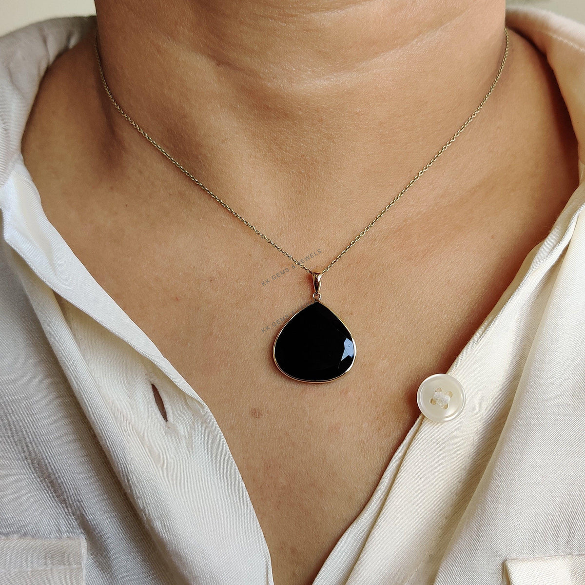 Natural Black Onyx Trillion Pendant, 14K Solid Yellow Gold, December Birthstone