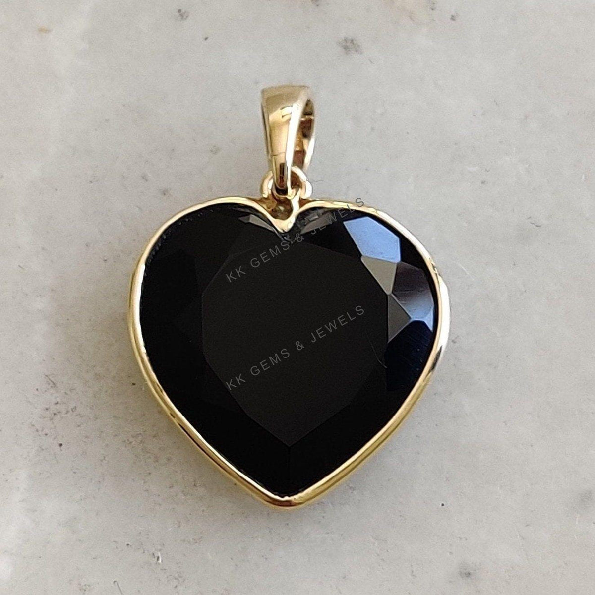 14K Solid Yellow Gold Natural Black Onyx Heart Pendant, December Birthstone, Christmas Present