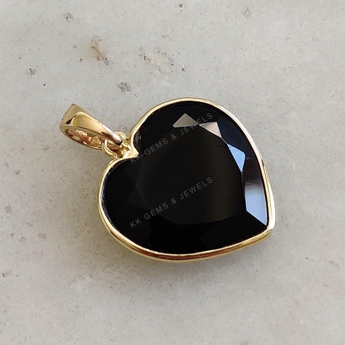 14K Solid Yellow Gold Natural Black Onyx Heart Pendant, December Birthstone, Christmas Present