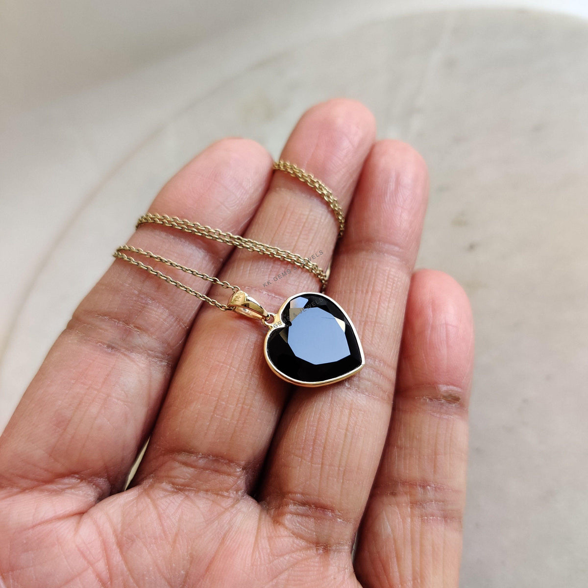 14K Solid Yellow Gold Natural Black Onyx Heart Pendant, December Birthstone, Christmas Present