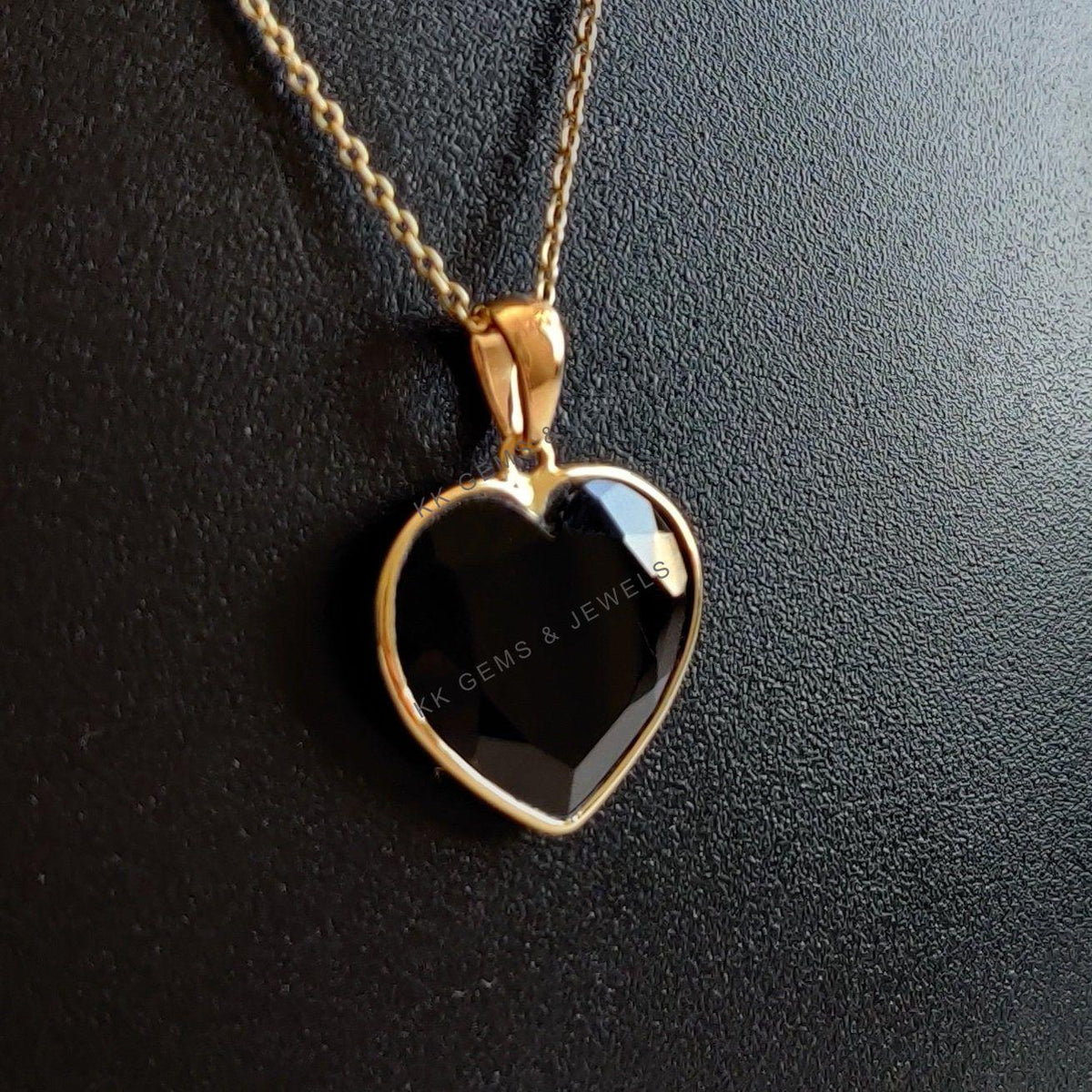 14K Solid Yellow Gold Natural Black Onyx Heart Pendant, December Birthstone, Christmas Present