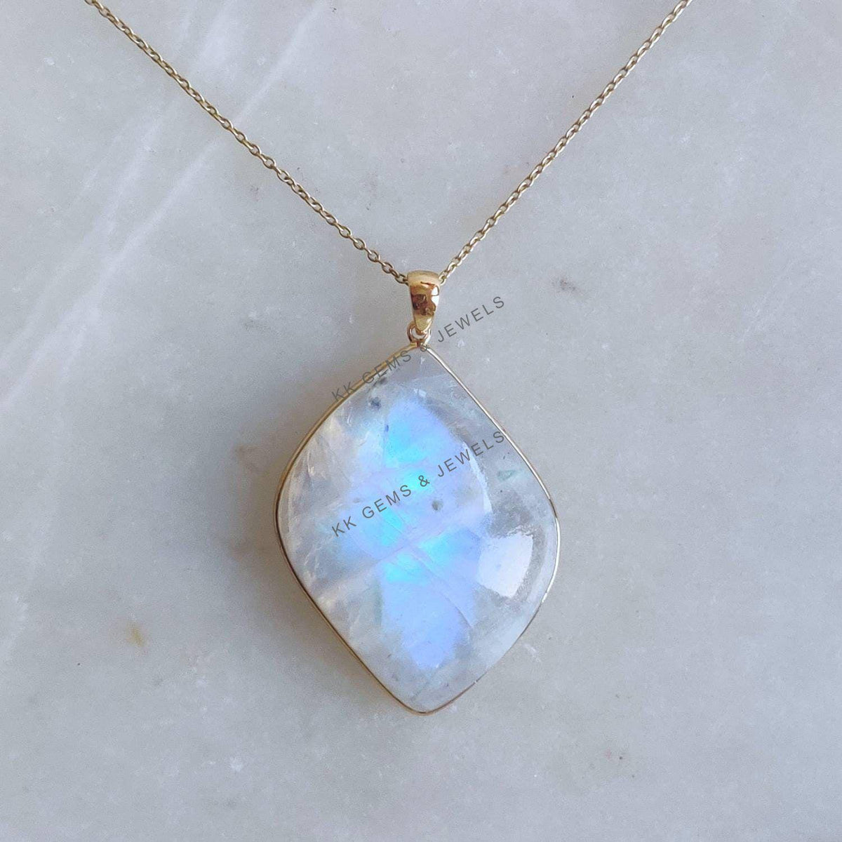 14K Solid Gold Natural Rainbow Moonstone Pendant, June Birthstone
