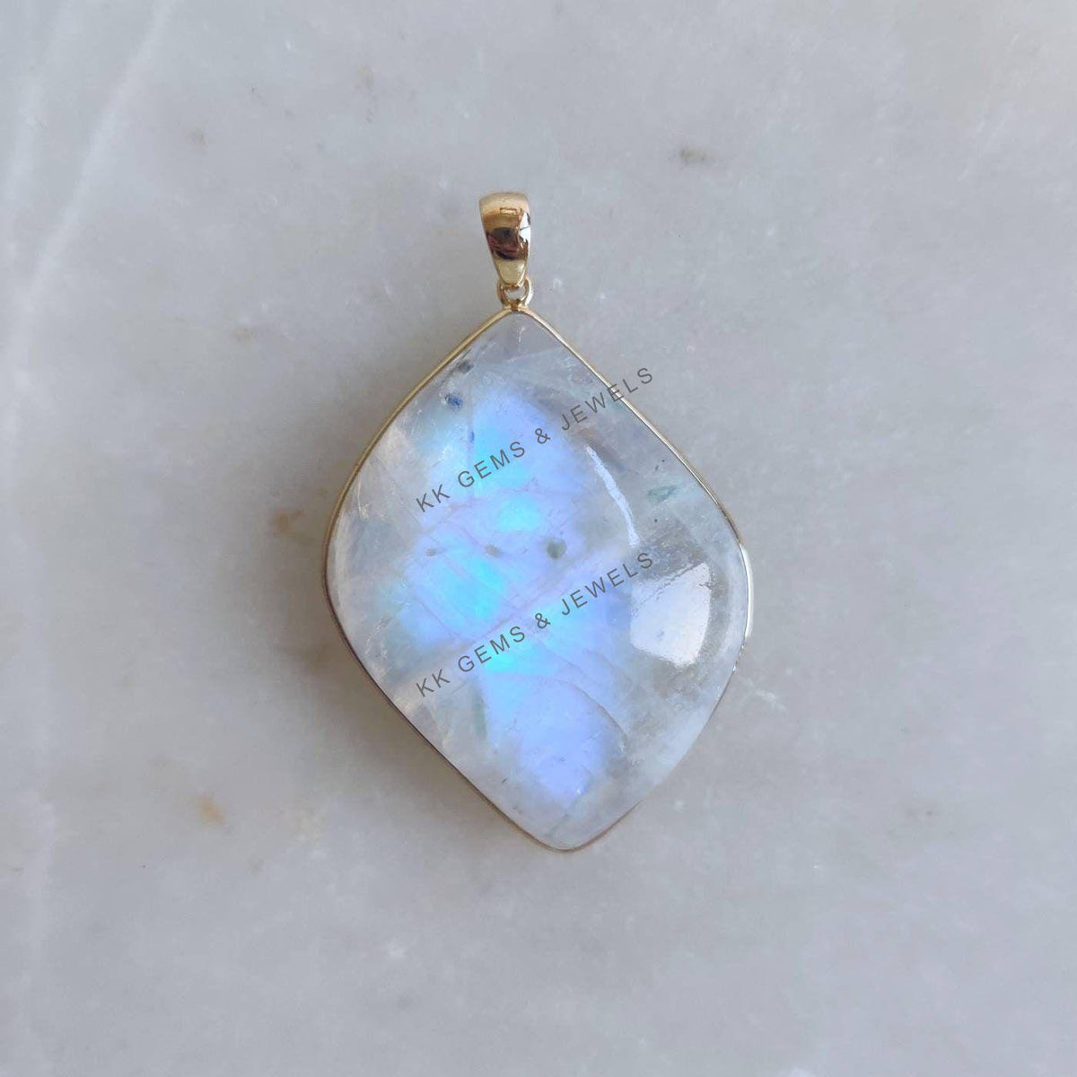 14K Solid Gold Natural Rainbow Moonstone Pendant, June Birthstone