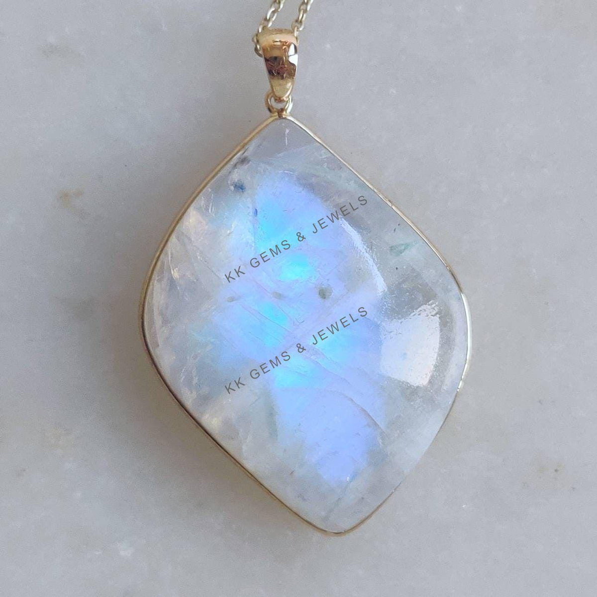 14K Solid Gold Natural Rainbow Moonstone Pendant, June Birthstone