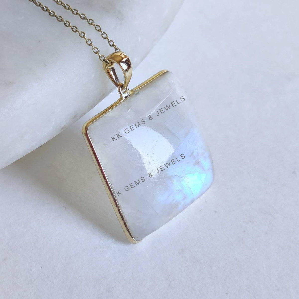 14K Solid Gold Natural Rainbow Moonstone Bezel Pendant, June Birthstone