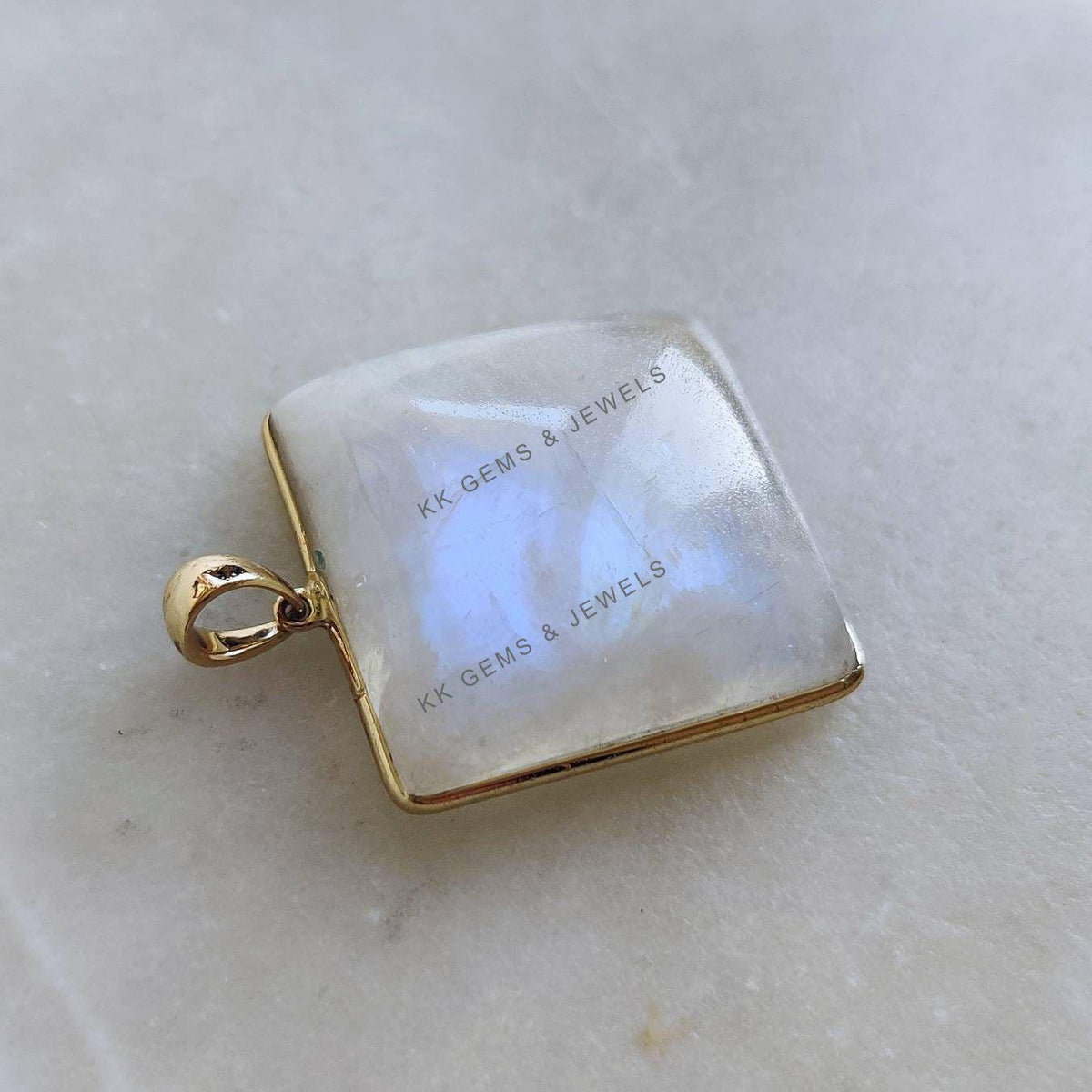 14K Solid Gold Natural Rainbow Moonstone Bezel Pendant, June Birthstone