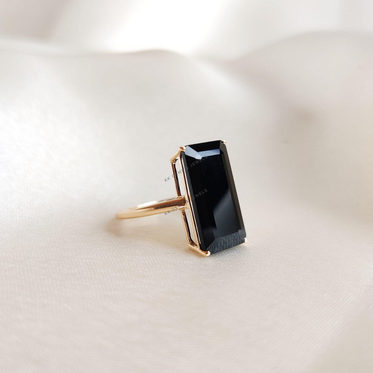 14K Solid Yellow Gold Natural Black Onyx Octagon Ring, December Birthstone