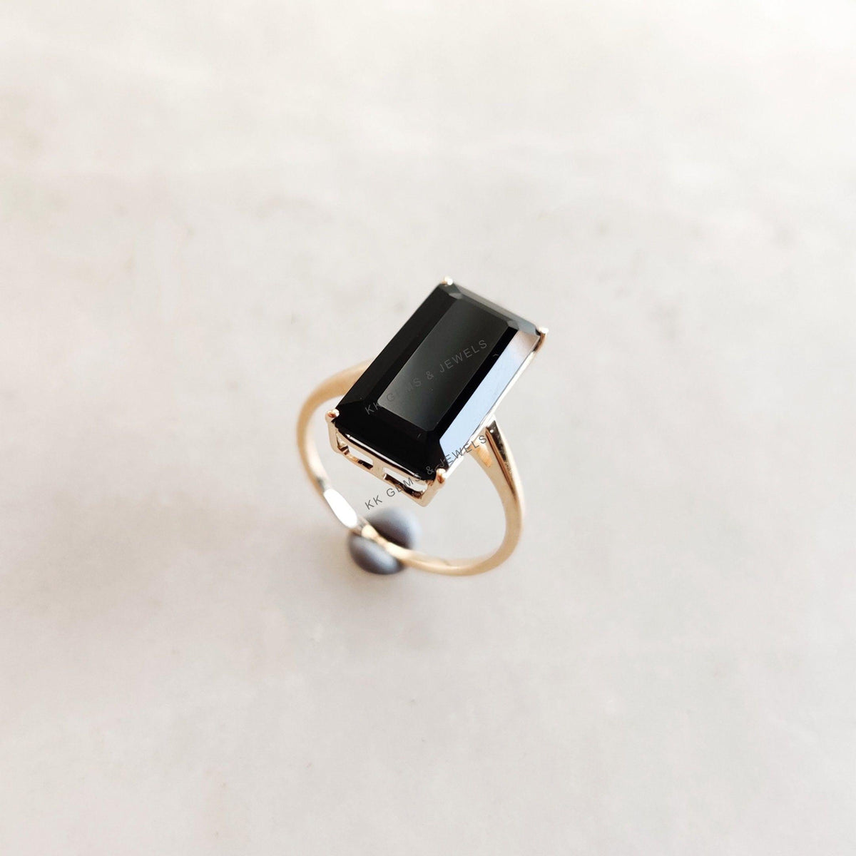 14K Solid Yellow Gold Natural Black Onyx Octagon Ring, December Birthstone