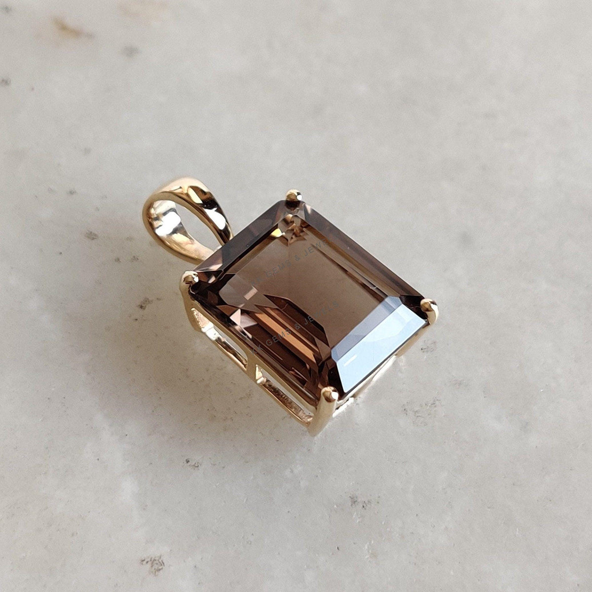 14K Solid Yellow Gold Natural Smoky Quartz Octagon Pendant, June Birthstone