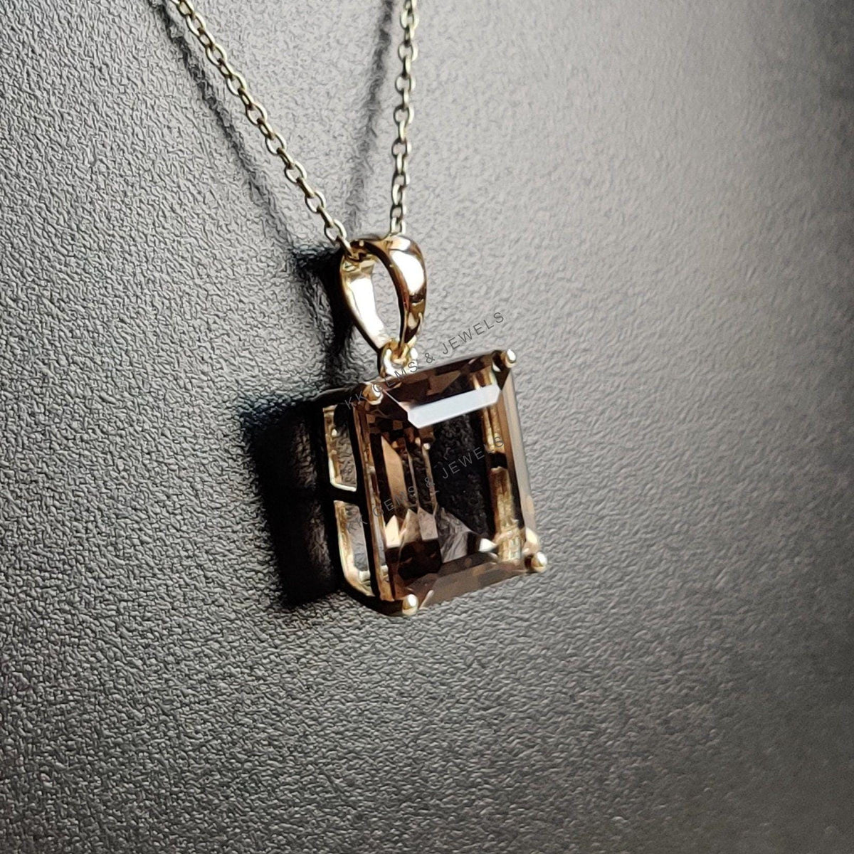 14K Solid Yellow Gold Natural Smoky Quartz Octagon Pendant, June Birthstone