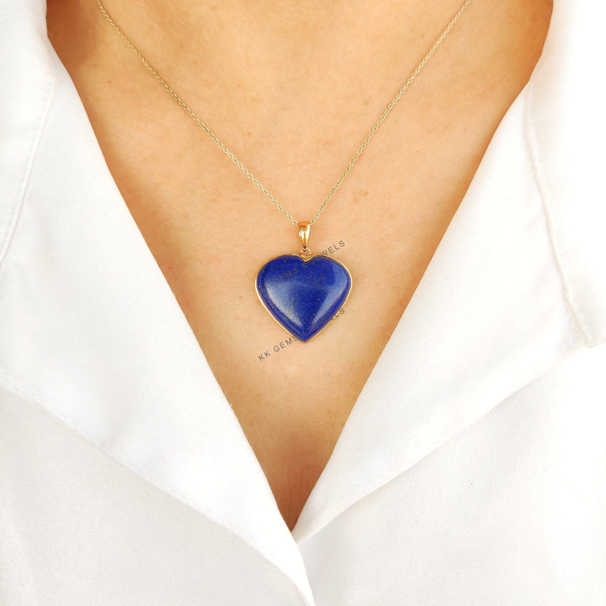 14K Solid Gold Natural Lapis Lazuli Heart Pendant, September Birthstone