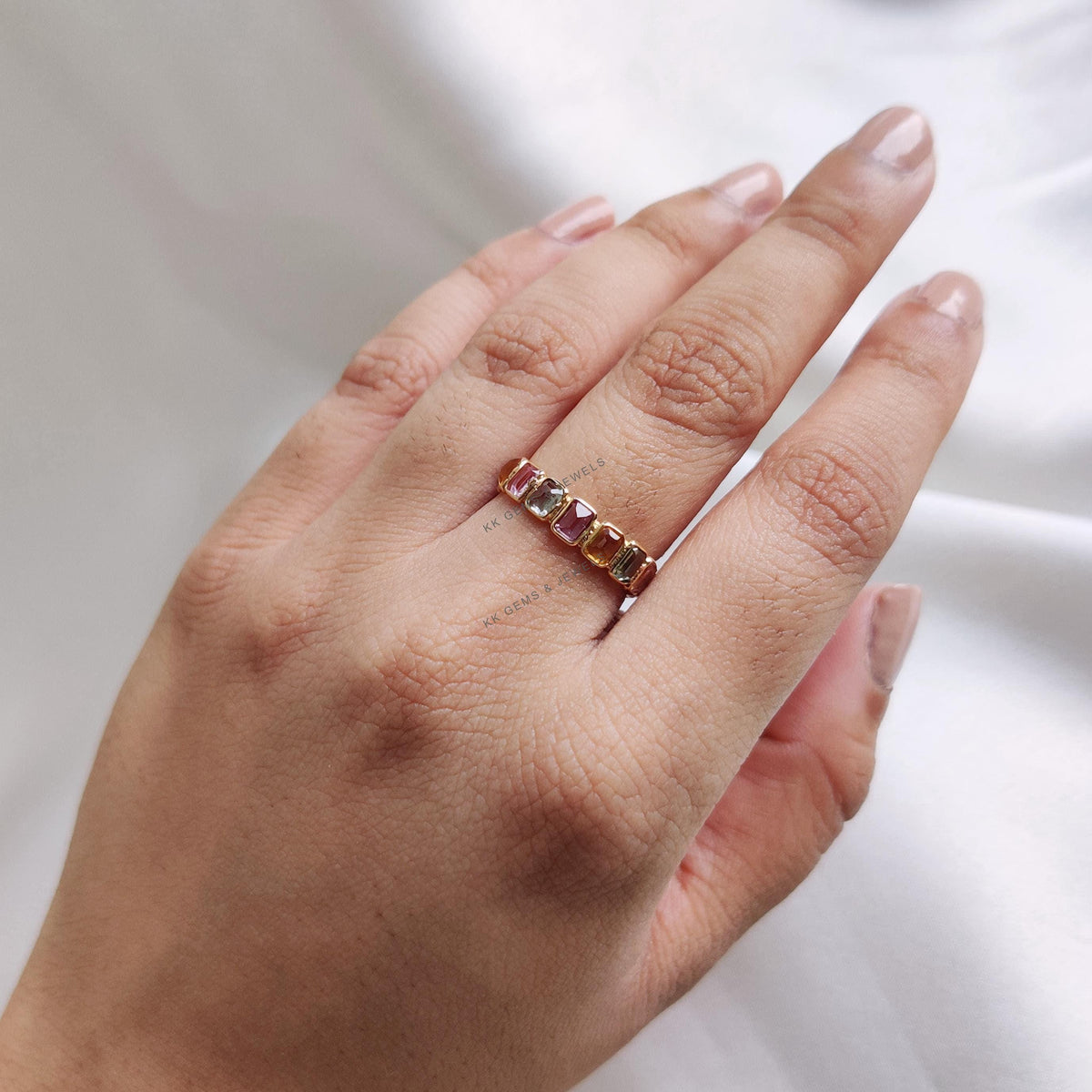 Natural Multi Sapphire Ring, 14K Solid Yellow Gold Baguette Eternity Band