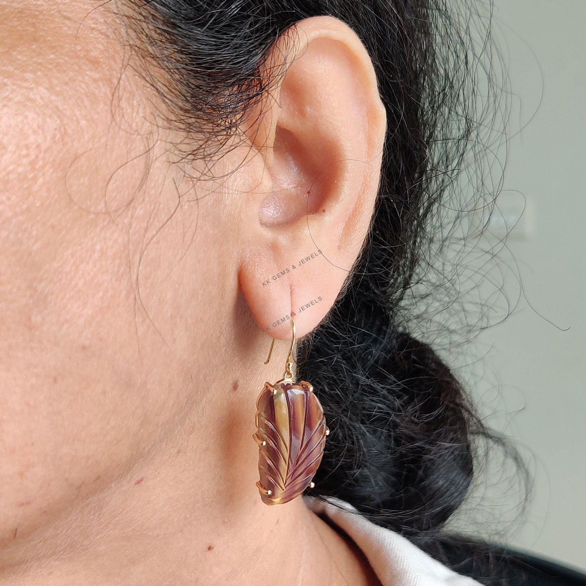 Natural Carving Fluorite Earrings, 14K Solid Yellow Gold, March Birthstone